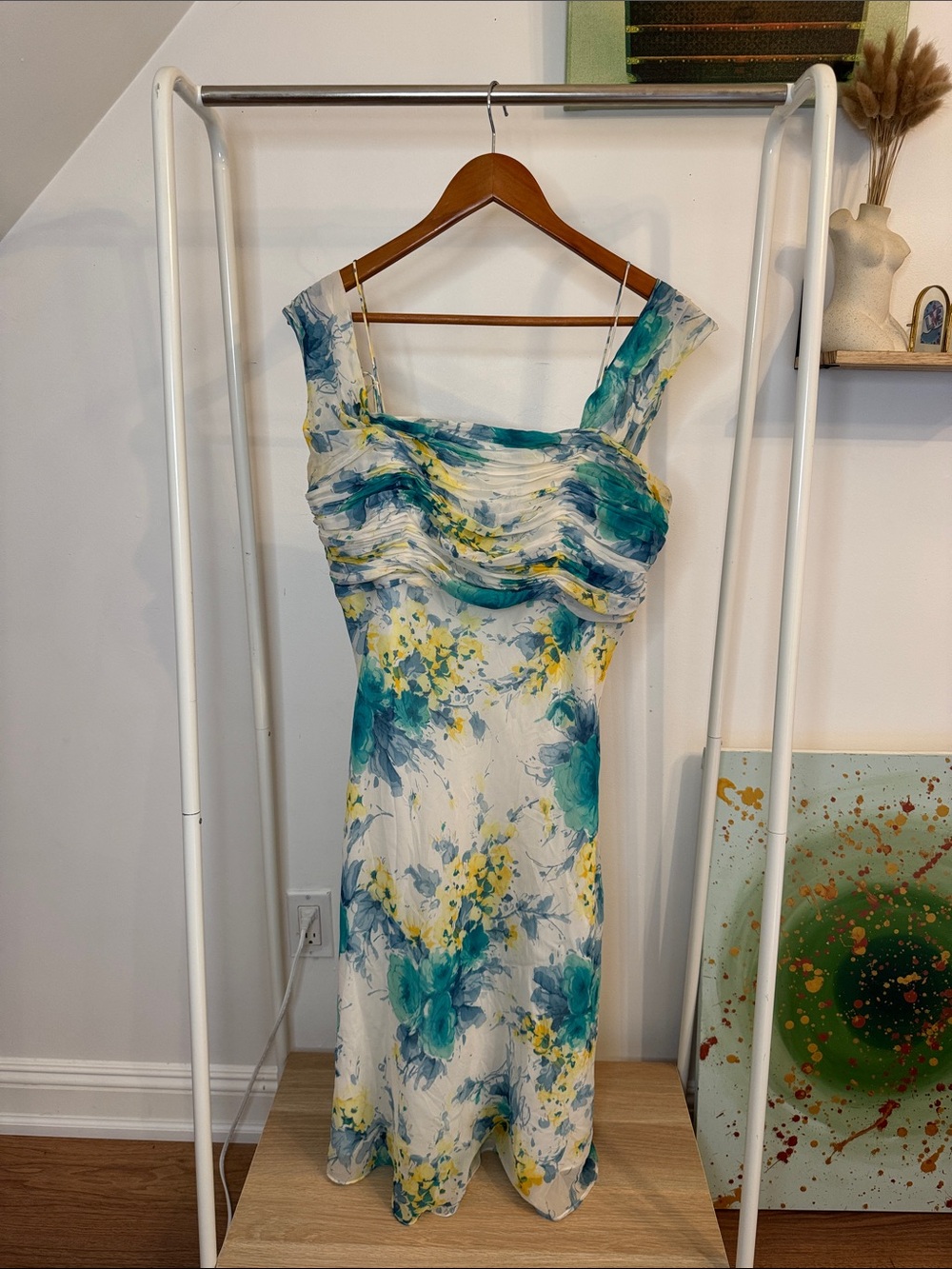 Banana Republic Watercolor Floral Print Midi Dress in Teal & Yellow size 12